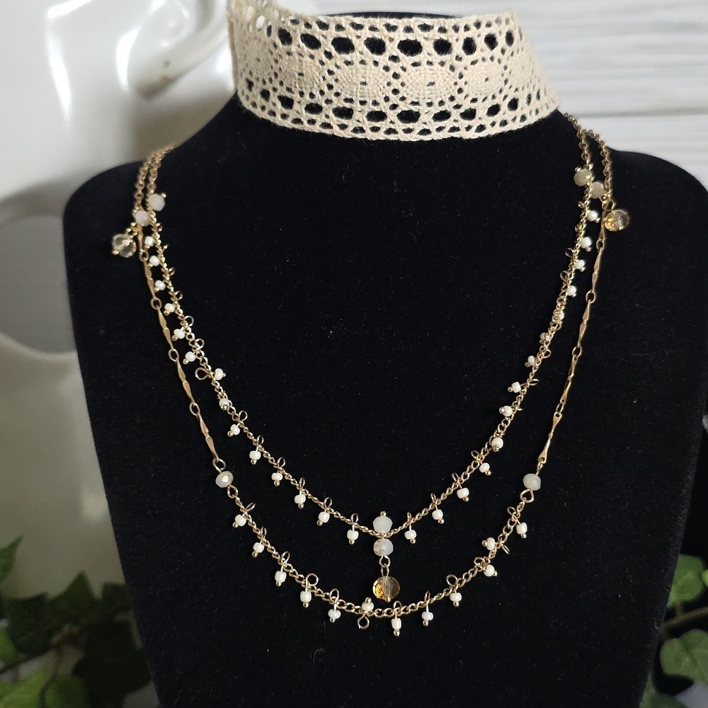 Double Choker Necklace Set Crochet and Double Strand Chain - Picture 4 of 11
